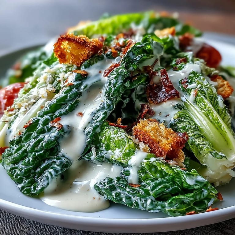 Vibrant tahini Caesar salad featuring fresh romaine, juicy cherry tomatoes, and a rich, tangy dressing topped with Parmesan.