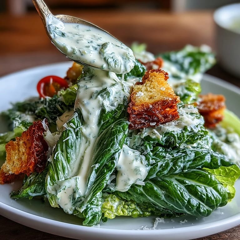 Fresh romaine and croutons tossed in a creamy tahini Caesar dressing, garnished with Parmesan for a flavorful vegetarian salad.