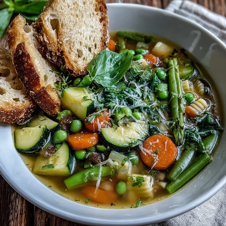 Hearty Spring Minestrone featuring seasonal vegetables, green beans, and spinach simmered in aromatic broth with small pasta shapes.