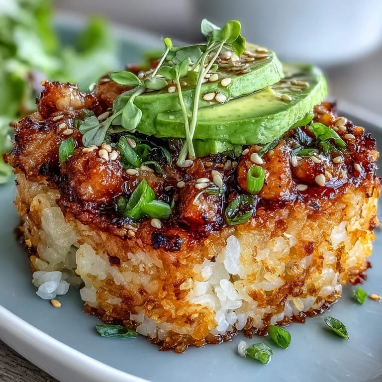 Golden fried rice squares served with rich, spicy tuna and creamy avocado—an elegant appetizer with irresistible texture.