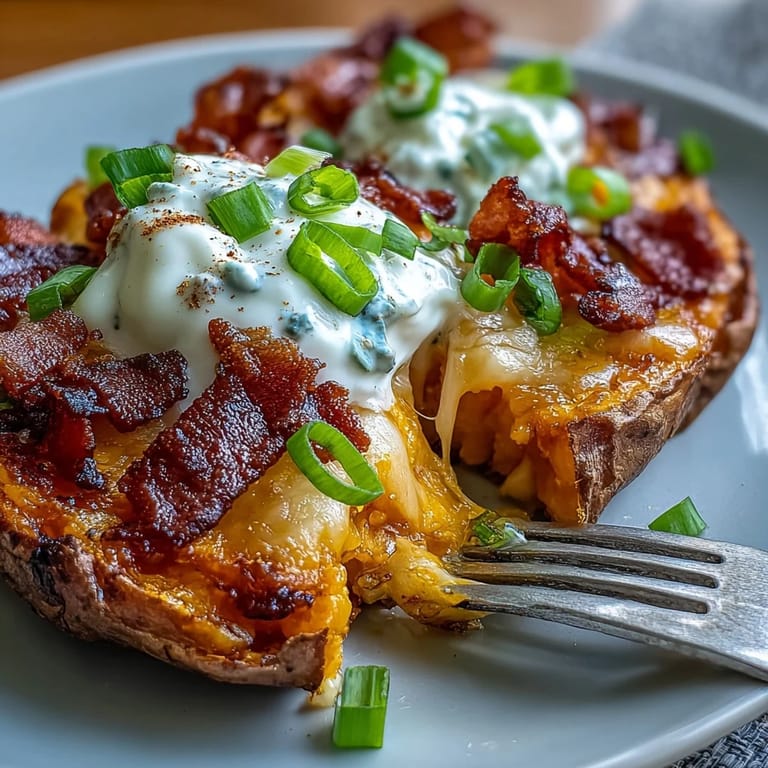 Golden baked sweet potato skins stuffed with smoky bacon, sharp cheddar, and a dollop of sour cream for a hearty appetizer.  
