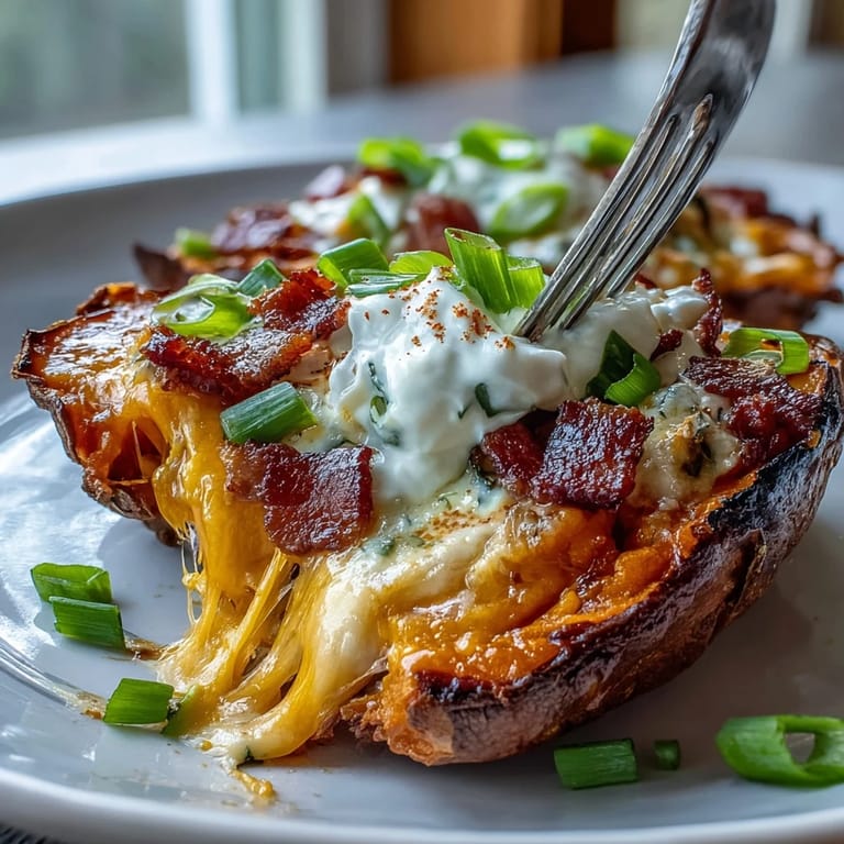 Crispy sweet potato skins loaded with bacon, melted cheese, and green onions, served hot with a side of sour cream.