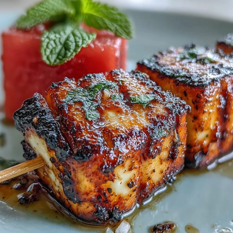 Juicy halloumi skewers featuring watermelon and mint, a vibrant, grilled appetizer.