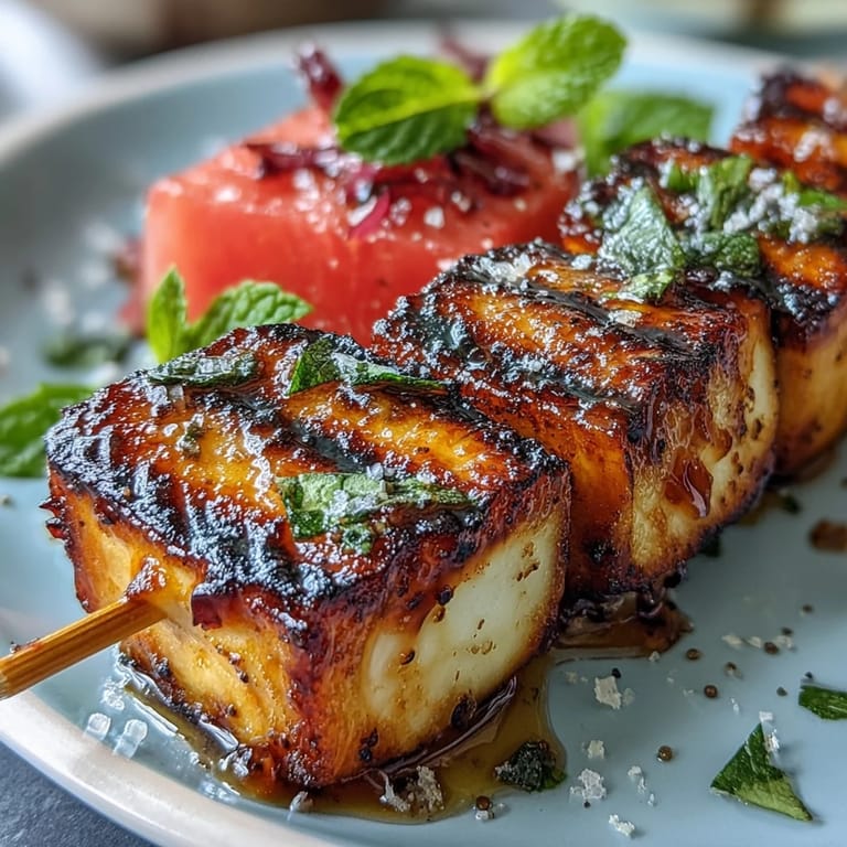Savory halloumi skewers with sweet watermelon and fresh mint, ready for the grill.