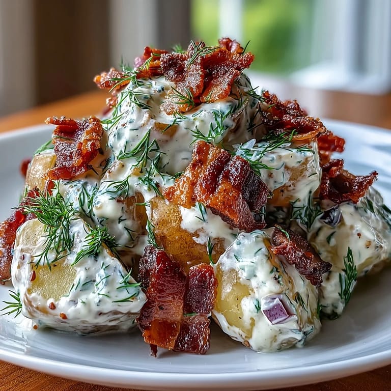 A vibrant Memorial Day Potato Salad, glistening with creamy dressing, ready for picnics.