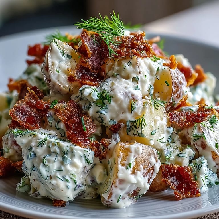 Taste this Memorial Day Potato Salad piled high with fresh dill and crumbled bacon.