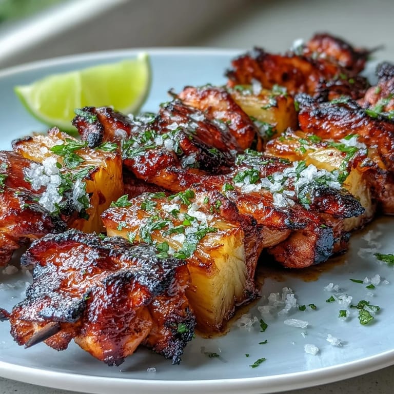 Vibrant Grilled Chicken Al Pastor Skewers with cilantro, lime, and sweet pineapple.