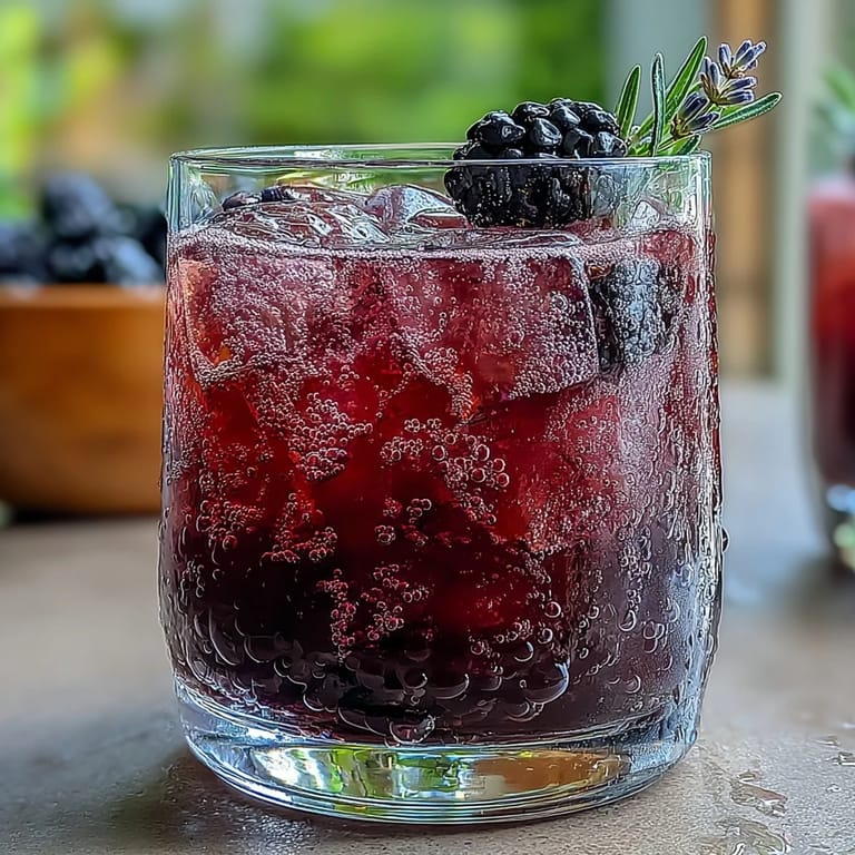 A bubbly glass of homemade blackberry lavender lemonade fizz, perfect for parties.