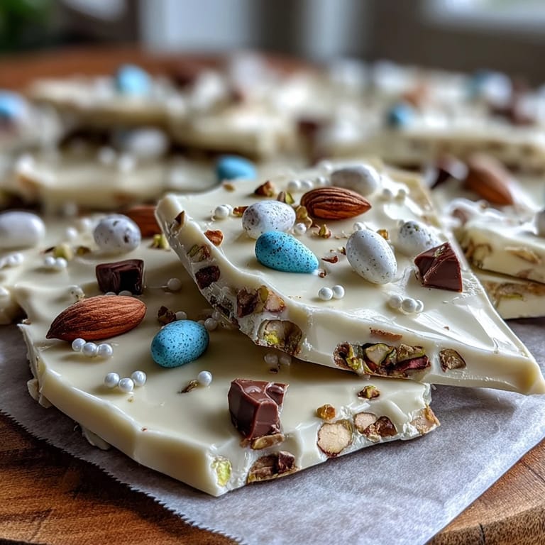Colorful white chocolate bark topped with candy-coated Easter eggs and chopped pistachios, ideal for Easter dessert tables.  