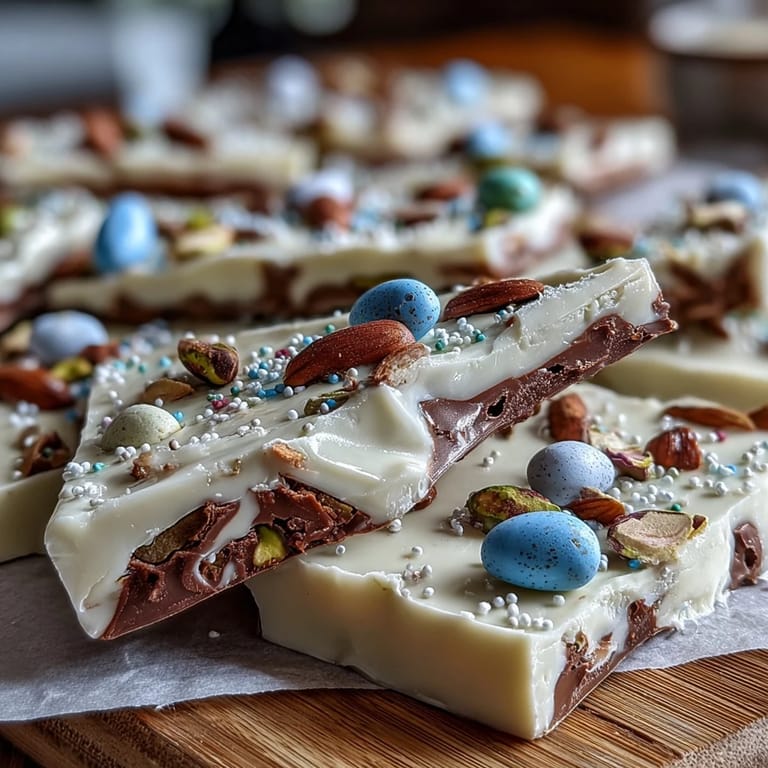 White chocolate Easter bark featuring pastel candies and pistachios, a delightful no-bake treat for the holiday.