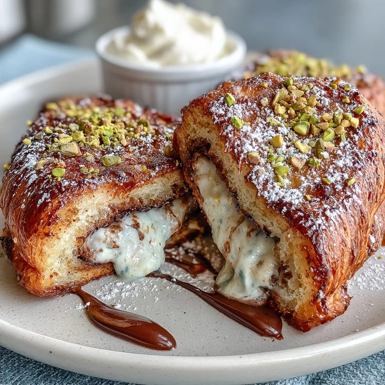 Decadent Dubai chocolate pistachio croissant French toast sizzling in butter, a sweet breakfast treat.