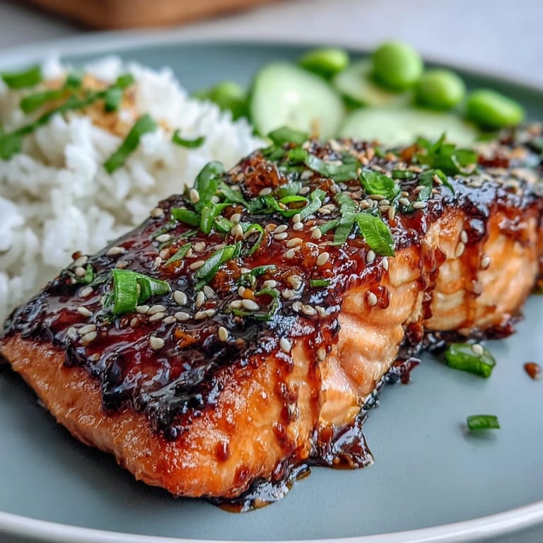 Savory teriyaki salmon served over rice with edamame and cucumber, garnished with sesame seeds and green onion.