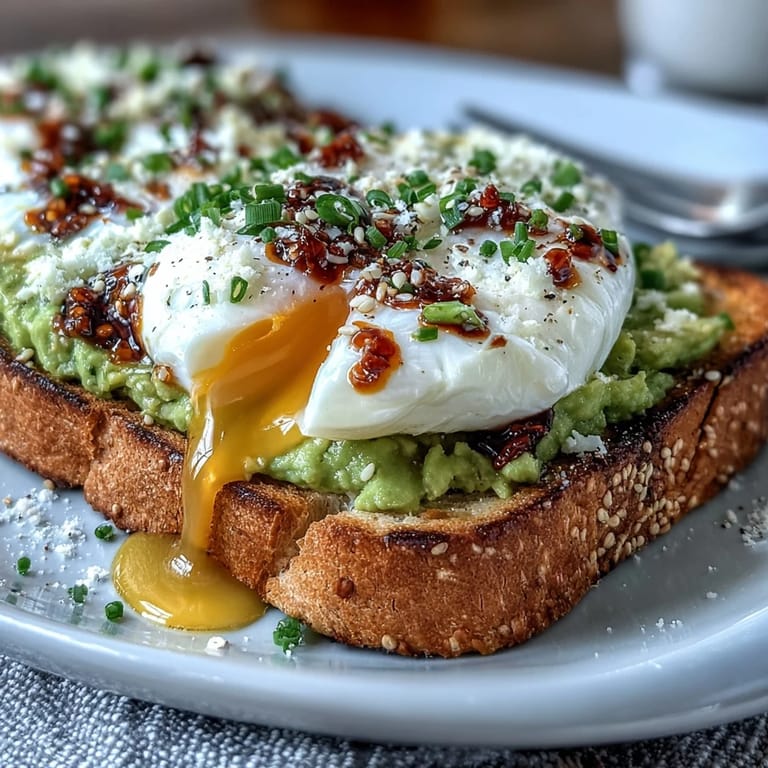 Crispy country bread layered with mashed avocado, a runny poached egg, and crunchy chili oil for a flavorful morning meal.