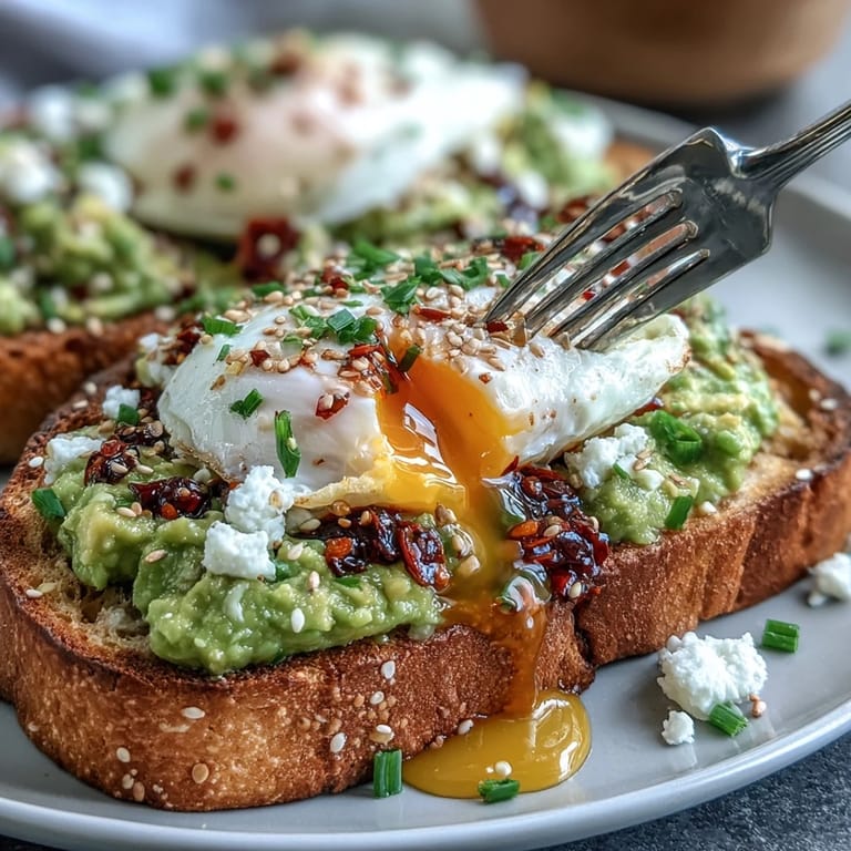 Golden toast topped with smooth avocado, a tender poached egg, and fragrant chili crisp, garnished with fresh herbs for a satisfying brunch.