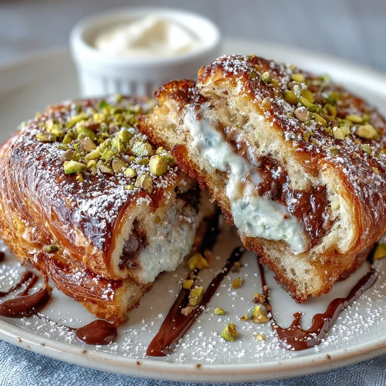 Buttery croissant French toast stuffed with chocolate, topped generously with crunchy pistachios.
