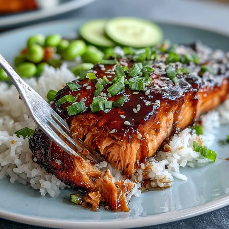 Fluffy rice topped with tender teriyaki-glazed salmon, crisp cucumber, and bright green edamame for a balanced meal.