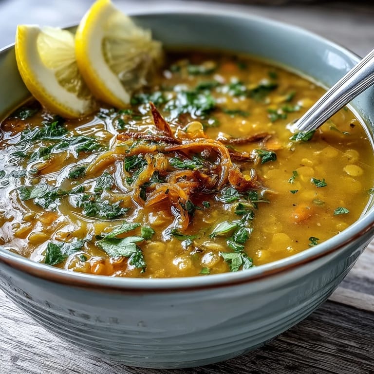 Vibrant red lentil soup infused with turmeric and lemon, served with a side of warm flatbread for a comforting meal.