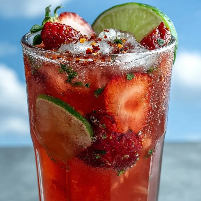 Glistening Fricy Strawberry Chili Limeade Mocktail ready to be sipped, garnished with lime.