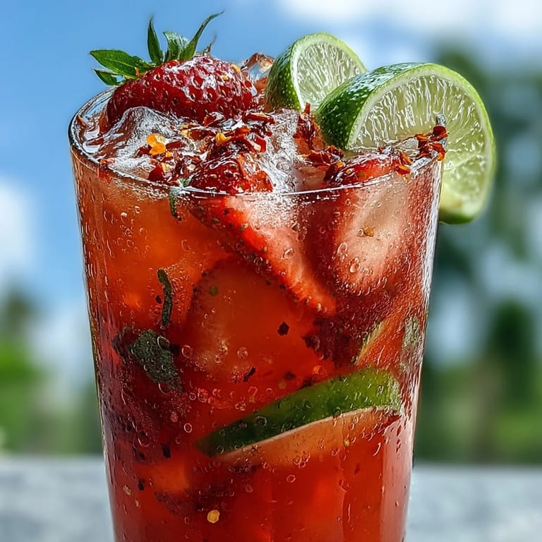 Cooling Fricy Strawberry Chili Limeade Mocktail showcasing vibrant fruit and sparkling refreshment.