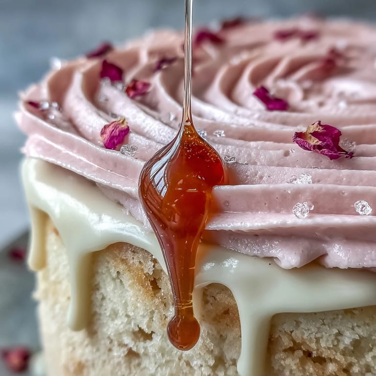 Decadent rosé wine cake, showcased with a rich gold ganache drip.