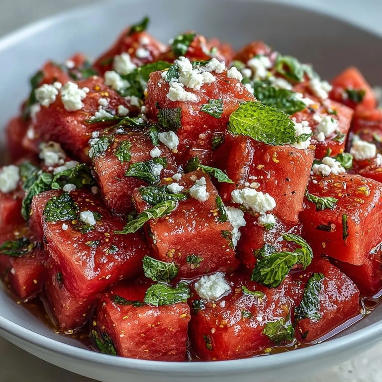 Chilled watermelon chili lime salad glistening with lime juice, mint, and a hint of spice.