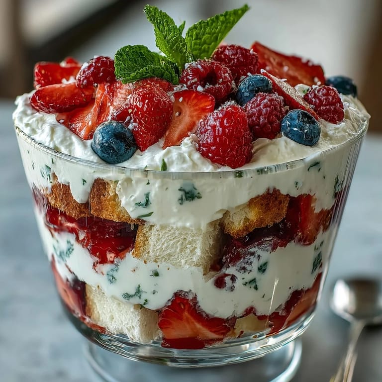 Festive Red White Blue Berry Trifle: vibrant fruit and cake dessert, ready for parties.