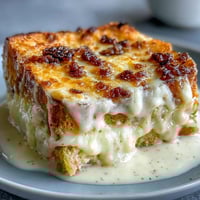 Golden-brown Croque Monsieur Casserole bubbling with ham and Gruyère cheese.