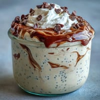 Creamy vanilla bean frappuccino overnight oats layered with espresso and Greek yogurt in a jar, perfect for a grab-and-go breakfast.