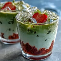 Iced strawberry matcha latte in tall glass with vibrant red strawberry puree at the bottom and green matcha on top, garnished with fresh strawberry slices.