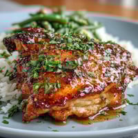 Juicy honey mustard chicken glazed in tangy sauce, served with crisp green beans for a fresh spring dinner.  