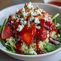 A colorful spring salad with juicy strawberries, creamy feta, and quinoa, tossed in tangy balsamic dressing for a fresh, satisfying meal.