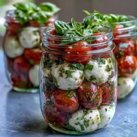 Mason Jar Caprese Salad with vibrant cherry tomatoes, creamy mozzarella, and fresh basil, drizzled with balsamic dressing.