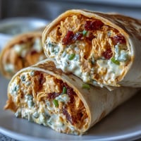 Creamy Buffalo chicken and cheese spread rolled into soft tortillas for a zesty party appetizer.  