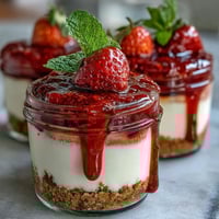 No-Bake Strawberry Cheesecake Jars with a buttery graham cracker base and fresh strawberry compote.