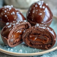 Decadent dark chocolate peanut butter Easter eggs with sea salt, featuring a creamy filling and rich chocolate coating, perfect for festive spring treats.