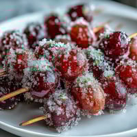 Frozen grape skewers with lime sugar on a white platter, juicy grapes glistening and coated in zesty lime sugar, perfect for a refreshing summer snack.
