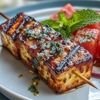 Golden grilled halloumi skewers with refreshing watermelon and mint, perfect for summer.