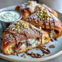 Golden-brown Dubai chocolate pistachio croissant French toast, oozing melted chocolate, ready for serving.