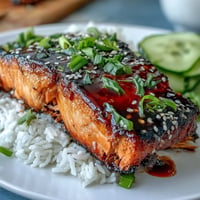 A vibrant salmon teriyaki bowl with glazed fish, steamed rice, edamame, and fresh cucumber slices.