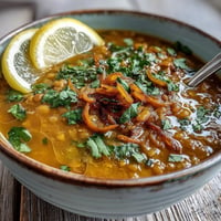 A steaming bowl of turmeric lemon lentil soup with golden lentils and fresh herbs, perfect for a healthy vegan dinner.