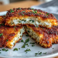 Crispy golden-brown cabbage schnitzel slices served with fresh parsley and lemon wedges on a rustic wooden board.