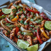 Sheet Pan Chicken Fajitas with colorful peppers and onions ready for tortillas.