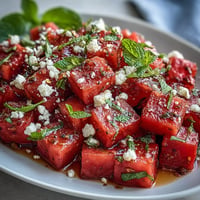 Bright watermelon chili lime salad with mint, a cool, spicy, and refreshing summer delight.